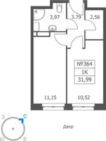 Планировка однокомнатной(апартаменты) площадью 31.99 квадратных метров в “ЖК Волковская 67”