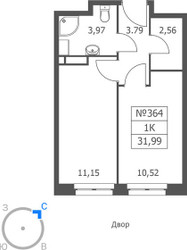 Планировка однокомнатной(апартаменты) площадью 31.99 квадратных метров в ЖК “ЖК Волковская 67”