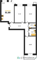 Планировка трехкомнатной(квартира) площадью 91.89 квадратных метров в “ЖК Мечта”