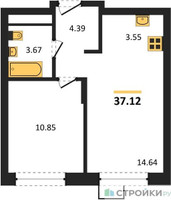Планировка однокомнатной(квартира) площадью 37.3 квадратных метров в “ЖК Новоград Павлино”