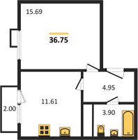 Планировка однокомнатной(квартира) площадью 36.75 квадратных метров в “ЖК Катуар”