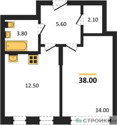 Планировка однокомнатной(квартира) площадью 38 квадратных метров в ЖК “ЖК Переделкино Ближнее”