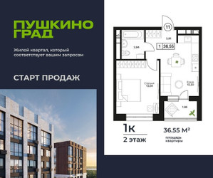 Планировка однокомнатной(квартира) площадью 36.55 квадратных метров в ЖК “ЖК Пушкино Град”