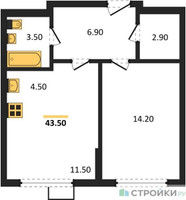 Планировка однокомнатной(квартира) площадью 42.7 квадратных метров в “ЖК Ново-Молоково”