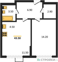 Планировка однокомнатной(квартира) площадью 42.7 квадратных метров в ЖК “ЖК Ново-Молоково”