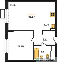 Планировка однокомнатной(квартира) площадью 43.67 квадратных метров в “ЖК Пригород Лесное”