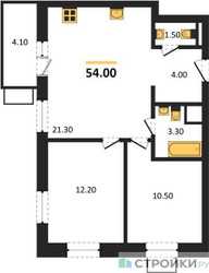 Планировка двухкомнатной(квартира) площадью 54 квадратных метров в ЖК “ЖК Союзный”