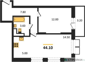 Планировка однокомнатной(квартира) площадью 44.1 квадратных метров в “ЖК Пироговская Ривьера”