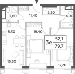 Планировка трехкомнатной(квартира) площадью 79.7 квадратных метров в ЖК “ЖК Will Towers (Вилл Тауэрс)”