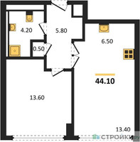 Планировка однокомнатной(квартира) площадью 44.1 квадратных метров в “ЖК High Life (Хай Лайф)”