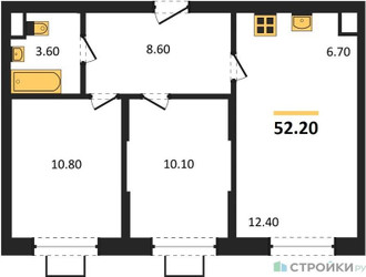 Планировка двухкомнатной(квартира) площадью 52.2 квадратных метров в ЖК “ЖК Видный берег 2”