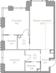 Планировка двухкомнатной(квартира) площадью 66.2 квадратных метров в ЖК “ЖК Коллекция Лужники”