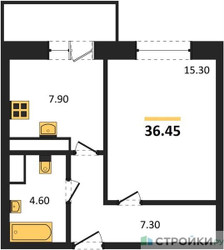 Планировка однокомнатной(квартира) площадью 39.6 квадратных метров в ЖК “ЖК Высокий берег (Ногинск)”