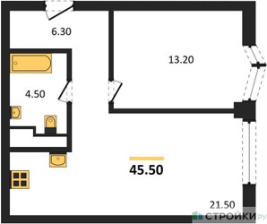 Планировка однокомнатной(квартира) площадью 45.5 квадратных метров в ЖК “ЖК Айс Тауэрс”
