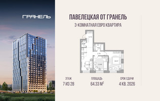 Планировка трехкомнатной(квартира) площадью 64.33 квадратных метров в “ЖК Павелецкая от Гранель”