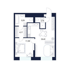 Планировка однокомнатной(апартаменты) площадью 50.2 квадратных метров в ЖК “МФК DIUS (Диус)”