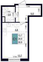 Планировка студии(квартира) площадью 28.9 квадратных метров в “ЖК Одинцово Сити”