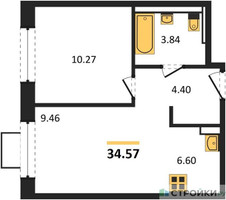 Планировка однокомнатной(квартира) площадью 34.57 квадратных метров в “ЖК Новое Видное”