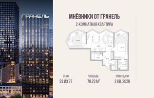 Планировка двухкомнатной(квартира) площадью 78.23 квадратных метров в “ЖК Мневники от Гранель”