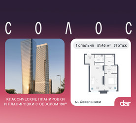 Планировка однокомнатной(квартира) площадью 51.45 квадратных метров в ЖК “ЖК Солос”
