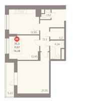 Планировка двухкомнатной(квартира) площадью 74.28 квадратных метров в “ЖК Отлично”