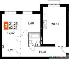 Планировка двухкомнатной(квартира) площадью 63.21 квадратных метров в “ЖК Жаворонки Клаб”