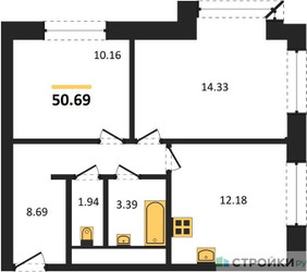 Планировка двухкомнатной(квартира) площадью 50.69 квадратных метров в “ЖК Городские Истории”