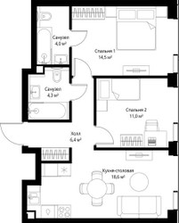 Планировка трехкомнатной(квартира) площадью 84.73 квадратных метров в ЖК “ЖК Веер”
