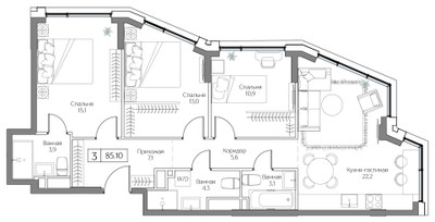 Планировка трехкомнатной(квартира) площадью 85 квадратных метров в ЖК “ЖК Дрим Рива”