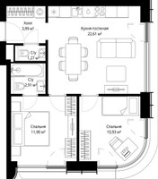 Планировка двухкомнатной(квартира) площадью 53.61 квадратных метров в “ЖК Сити Бэй”