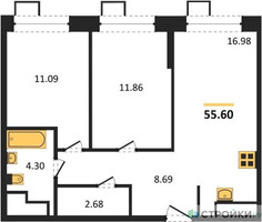 Планировка двухкомнатной(квартира) площадью 55.6 квадратных метров в “ЖК Апарт-отель Тропарево парк”