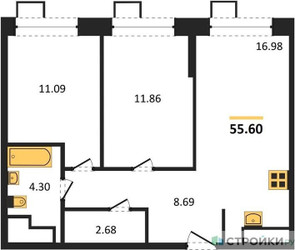 Планировка двухкомнатной(квартира) площадью 55.6 квадратных метров в “ЖК Апарт-отель Тропарево парк”