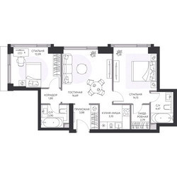 Планировка трехкомнатной(квартира) площадью 65.8 квадратных метров в ЖК “ЖК Hide (Хайд)”
