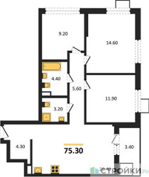 Планировка трехкомнатной(квартира) площадью 75.3 квадратных метров в ЖК “ЖК Деснаречье”