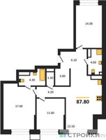 Планировка трехкомнатной(квартира) площадью 87.8 квадратных метров в “ЖК Символ”