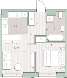 Планировка однокомнатной(квартира) площадью 37 квадратных метров в ЖК “ЖК Среда на Лобачевского”
