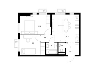 Планировка двухкомнатной(квартира) площадью 47.5 квадратных метров в ЖК “ЖК Яуза Парк (Мытищи)”