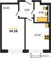 Планировка однокомнатной(квартира) площадью 34.58 квадратных метров в “ЖК Квартал Западный”