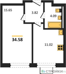 Планировка однокомнатной(квартира) площадью 34.58 квадратных метров в ЖК “ЖК Квартал Западный”