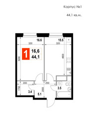 Планировка однокомнатной(квартира) площадью 44.1 квадратных метров в ЖК “ЖК Мытищи Сити”
