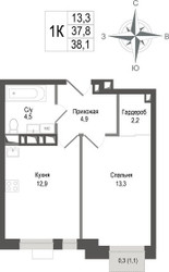 Планировка однокомнатной(квартира) площадью 37.8 квадратных метров в ЖК “ЖК КИНОКВАРТАЛ”