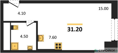Планировка студии(апартаменты) площадью 31.2 квадратных метров в ЖК “ЖК Мираполис”