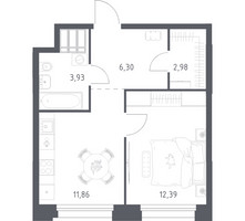 Планировка однокомнатной(апартаменты) площадью 37.46 квадратных метров в “ЖК Апарт-отель Тропарево парк”