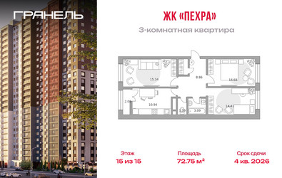Планировка трехкомнатной(квартира) площадью 72.75 квадратных метров в ЖК “ЖК Пехра”
