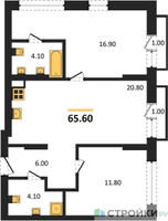 Планировка двухкомнатной(квартира) площадью 65.6 квадратных метров в “ЖК Первый квартал”