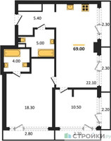 Планировка двухкомнатной(квартира) площадью 69 квадратных метров в “ЖК СТОУН Грэйн”