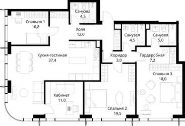 Планировка трехкомнатной(квартира) площадью 132.9 квадратных метров в ЖК “ЖК Сити Бэй”
