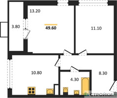 Планировка двухкомнатной(квартира) площадью 49.6 квадратных метров в “ЖК Бунинские кварталы”