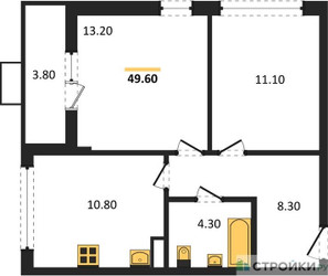 Планировка двухкомнатной(квартира) площадью 49.6 квадратных метров в ЖК “ЖК Бунинские кварталы”