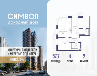 Планировка двухкомнатной(квартира) площадью 57.7 квадратных метров в ЖК “ЖК Символ”